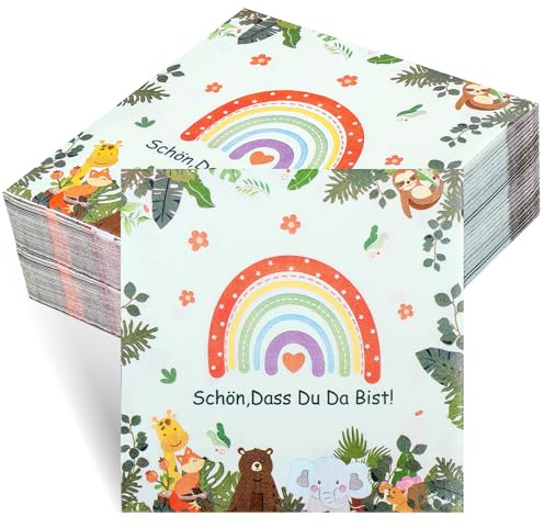 200 Stück Servietten Geburtstag, Servietten Schön dass du da bist, Geburtstagsservietten Kinder Regenbogen Deko, Bunt Taufe-Servietten Babyparty mit Spruch Waldtiere für Kindergeburtstag, 33 x 33 cm