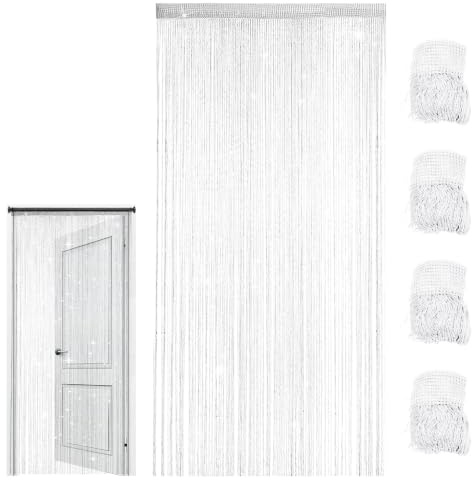 WIBELRYUSN 4 Stück Fadenvorhang Türvorhang, Fadengardine, Glitzer Türvorhang Fensterdekoration Raumteiler Dekoration Perlenvorhang für Hochzeit Party Dekoration, 100 x 200cm (Weiß)