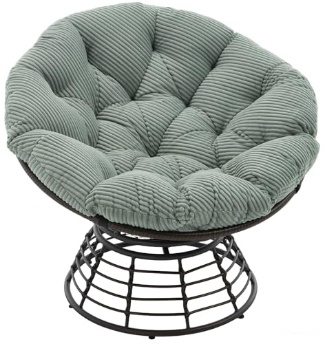 SEEDWAVE Drehbarer Papasan-Stuhl mit Stahlgestell, Relaxsessel mit weichem, abnehmbarem Kissen und Schutzpolster, bequemer Loungesessel für Wohnzimmer, Schlafzimmer und Balkon (Salbeigrün Cord)