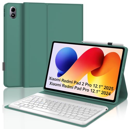 Per Xiaomi Redmi Pad 2 Pro 2025/Redmi Pad Pro 12.1 Pollici Cover Tastiera | Tastiera Bluetooth Rimovibile e Custodia Morbida TPU per Ufficio/Studio/Scrittura, Keyboard Wireless Portatile, Verde scuro