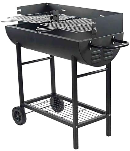 Gr8 Garden Charcoal BBQ Grill Half Barrel, Dual Zone 2 Cooking Areas, Adjustable Grates, Outdoor Garden Trolley