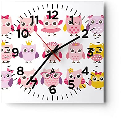 Modern Wanduhr Eule süß spaß Dekoration 30x30cm Quadrat Klein Wand Uhr Glas Analog Zimmeruhren Küche Büro Wohnzimmer Glasuhr Wall Clock Dekoration Design Wanddekoration Küchenuhr C4AC30x30-2845
