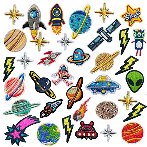 35 Stück Flicken Patches, Woohome Planetenserie Patch Zum Aufbügeln Patch Sticker Applikationen Zum Nähen Oder Aufbügeln für Kleidung, Jacken, Rucksäcke, Jeans, Hut