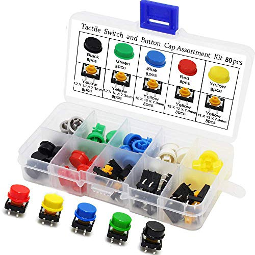 RUNCCI-YUN 80pcs 12 x 12 x 7.3 mm interruptor de botón táctil,micro interruptor,Interruptor táctil momentáneo,con 5 colores Ronda Tapa,Utilizado para PCB