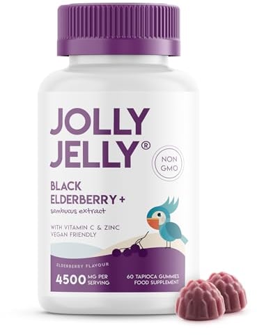 Black Elderberry Gummies 4500mg with Vitamin C & Zinc - Immune Support Wild European Sambucus 30:1 Elderberry Extract - 60 Vegan Gummies by Jolly Jelly