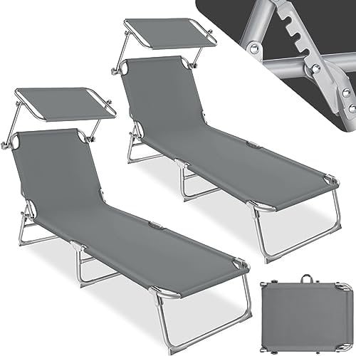 TecTake® 2 x Lettino, Lettino Pieghevole, Sedia a Sdraio per prendere il Sole, Sdraio da Giardino con Ombrello Parasole 190cm, Lettini prendisole pieghevoli - Grigio