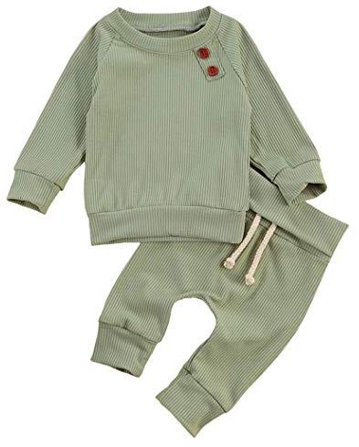 Geagodelia Babykleidung Set Baby Jungen Mädchen Kleidung Outfit Langarm T-Shirt Top + Hose Neugeborene Weiche Einfarbige Babyset T-8718 (Grün, 0-3 Monate)