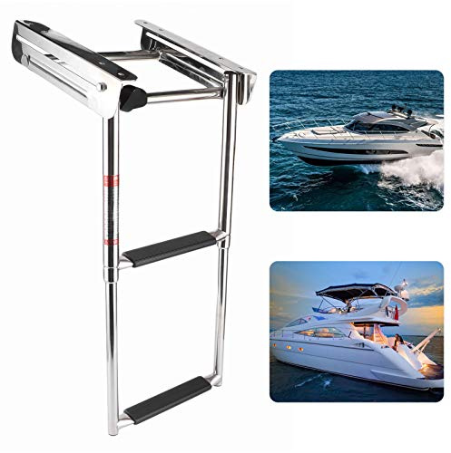 Boat Ladder 2‑Step Ladder Under Platform Slide Mount Boat Boarding Ladder, Telescoping LadderStainless Steel W/Fixed Rope, Deployed Length 33.2in, Stowed Length 13.8in, Width 9.2in