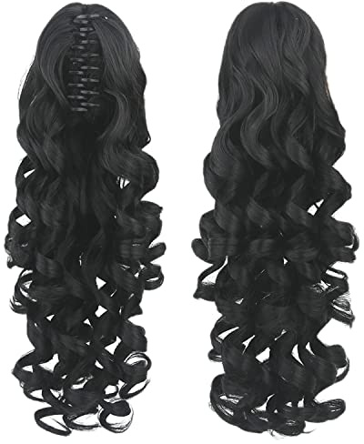 IMISSU Pince à queue de cheval longue griffe bouclée sur l'extension de cheveux queue de cheval morceau de cheveux pour les femmes (Noir)