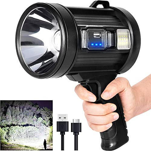 MIXILIN Foco recargable, linterna de caza de mano de 9000 lúmenes, luz LED con luz de mazorca y paneles solares, foco ligero y súper brillante para caza, barco, camping