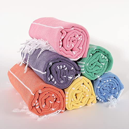 Puskul Textile Serviettes de plage pré-lavées, 100 % coton, 100 % coton, pour plage, spa, piscine, surf, gym, yoga (plusieurs couleurs, 6)