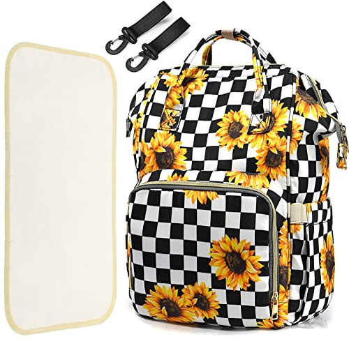 3 in 1 Wickeltasche Rucksack, Multifunktionale Babytaschen mit Wickelunterlage & Kinderwagengurten, Windeltasche für Mama, Karierte Sonnenblume, Reiserucksäcke