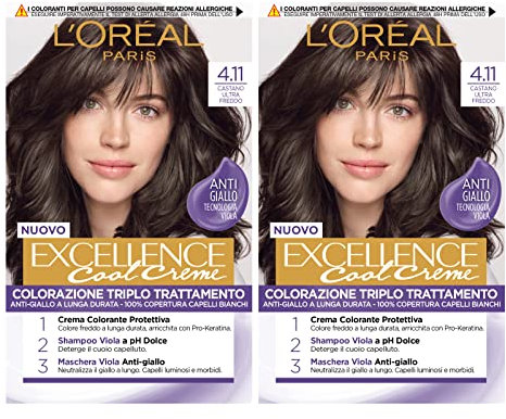 L'Oréal Paris Excellence Cool Creme - Coloración permanente para el cabello, triple tratamiento, tecnología antiamarilla, acción protectora, iluminadora, color 4.11 castaño ultra frío – 2 paquetes