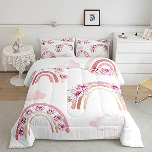 Rosen-Regenbogen-Bettwäsche-Set für Doppelbett, romantische Aquarellfarben, Pastellfarben, Paar-Daunendecke, böhmische Regenbogen-Bettwäsche-Sets mit 1 Kissenbezug