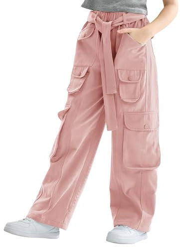 Rolanko Pantaloni Cargo Larghi per Ragazze, Pantaloni Streetwear Elasticizzati a Vita Alta e Gamba Larga con Tasche Multiple, Rosa, Taglia: 130