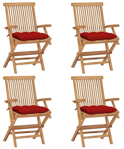 WIFESE Gartenstühle mit Roten Kissen 4 STK. Massivholz Teak Campingstuhl GartenmöBel BalkonmöBel GartenmöBel Set Klappstuhl Holz Gartensessel KlappstüHle 4er Set Outdoor MöBel 55x60x89 cm