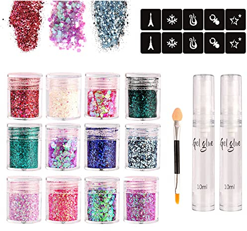 Glitzer Pailletten Body Gel Glitter Make-Up Glitzer Paillette Glitzer Gesicht Set, mit Pinsel +2 Gel-Kleber+10Tattoo Aufkleber, für Party Masquerade Gesicht Körper Nägel 12 Farben