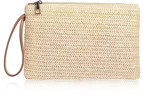 Molain Pochette en Paille pour Femme - Style Bohème - Sac de Plage Tissé - Sac à Main de Mer à Fermeture Éclair - pour Femme et Fille, Beige, 24x16.5x2.4cm