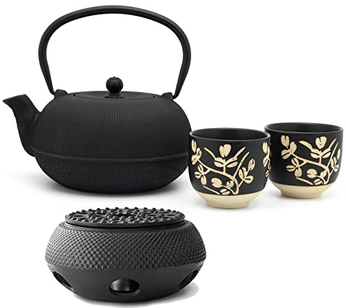 Bredemeijer Gusseisen Teepot Set1.0 Liter Teekanne mit Stövchen & 2 Porzellan-Tassen (Becher) & Edelstahl Tee-Filter Sieb-Einsatz - ideal für lose Teesorten