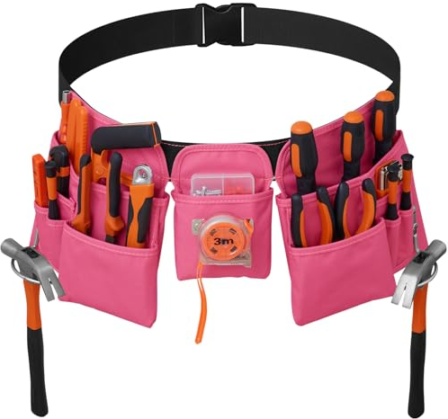 KOYYTO 19 Taschen Werkzeuggürtel Gürtel mit Hammerhalter- Heavy Duty abnehmbare & Verstellbare Werkzeugtasche Gürtel,passt 31 -50 in Arbeit Schürze für Herren und Damen,Rosa