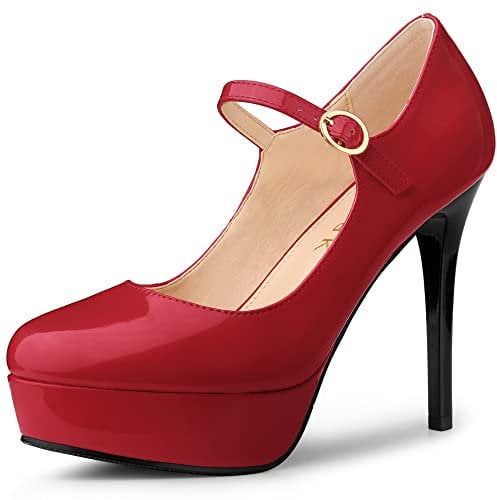 Allegra K Women's Platform Mary Jane Pumps Ankle Strap Stiletto High Heels Dress Shoes, Red, 8 UK