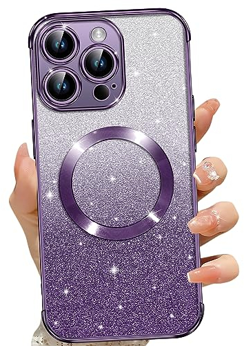 Phoona für iPhone 14 Pro Max Hülle, Magnetisch Handyhülle Kompatibel mit MagSafe, Keine Vergilbung, Kratzfeste, Ganzkörperschutz Glitzer Hülle für iPhone 14 Pro Max, Mit 2 Schutzfolie, Lila