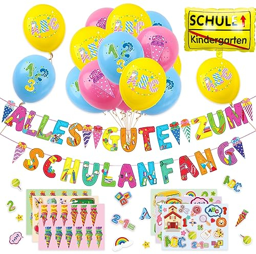Einschulung Schulanfang Schuleinführung Deko, Alles Gute zum Schulanfang Girlande, Zuckertüte Banner, Schulkind Luftballons,Folienballon Aufkleber Zuckertüte Schulkind Einschulung