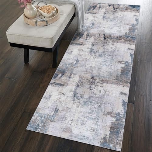 vivorug Läufer, 60 x 200 cm, maschinenwaschbar, rutschfest, Läufer für Flur, Küche, Eingangsbereich, Waschküche, modern, abstrakter Teppich, Flurläufer, Grau/Marineblau