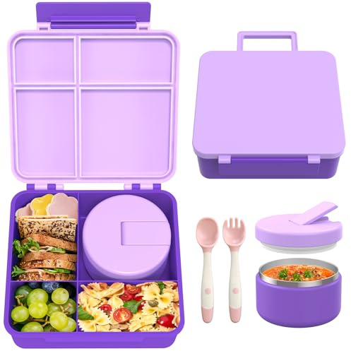Bento Lunchbox mit 226.8 g Suppe Thermo, auslaufsichere Lunchbehälter mit 4 Fächern, Thermo Heißessen Glas und Isolierte Lunchbox für Schule, Lila