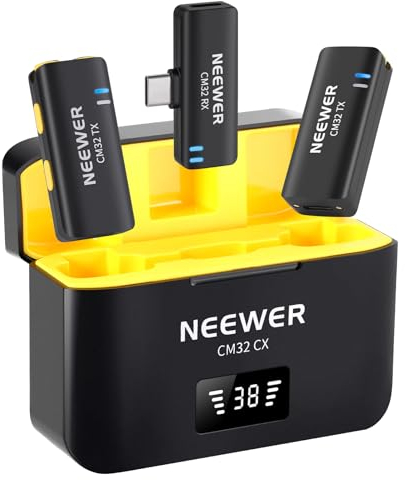 Neewer Wireless Lavalier Microphone Set for USB C phone, Dual Omnidirectional Condenser Lapel Mics, Noise Canceling, 2 Clip On Mics with Charging Case for Video Recording Podcast Live Streaming, CM32