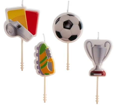 dekora Geburtstagskerzen mit Fußballmotiven, 8 cm, 4 einzigartige Modelle, Pfeife, Tasse, Fußball, Ball, Stiefel, perfekte Dekoration für Fußball-Fans