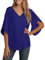 YGJIEGENG Summer Blouses for Women V Neck Ladies Tops 3/4 Ruffled Split Sleeve Chiffon Pleated Tunic Stretch Comfortable Holiday,Royal Blue,M