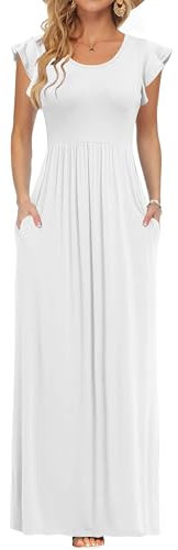 AUSELILY Robe Longue Classique Blancpour Femme Jupe de Plage à Manches Courtes pour l'été Robe Décontractée col Rond avec Poches(Blanc, S)