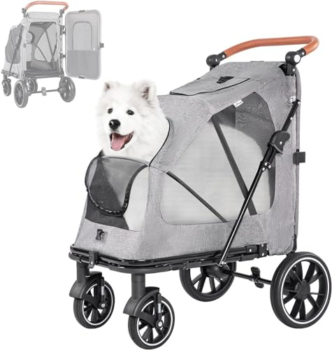 LPOTIUS Hundebuggy Große Hunde Schwerlast Hundewagen bis 50kg, Dog Stroller Hundekinderwagen mit 4 Rädern, 3 Netzfenstern, Verstellbarer Griff, Haustier Transportwagen Hunde Jogger Buggy