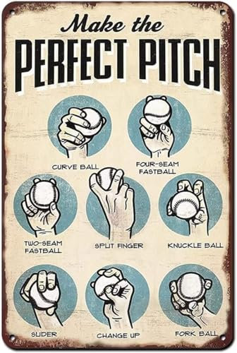 Make The Perfect Pitch Baseball Pitching Grips Spickzettel, Vintage-Blechschild, Metallposter für Büro, Zuhause, Klassenzimmer, Dekoration, Baseballschild für Männerhöhle, Kinderzimmer, 30,5 x 40,6 cm