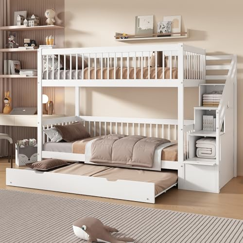 Rtopsu Kinderbett Etagenbett 90x200 cm mit Ausziehbares Bett, Hochbett mit Treppe und Stauraum Regal, Hausbett mit Lattenrost aus Holz und Rausfallschutz für 2-3 Kinder, Weiß, Ohne Matratze