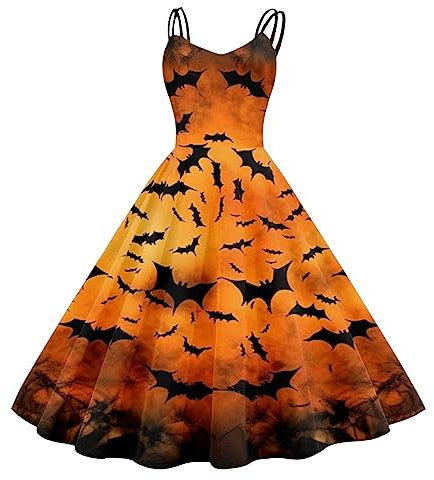 Trägerkleid für Damen, mit Fledermausdruck, gruselig, Gothic, mittelalterlich, Vintage, Cocktailkleid, großer Rock, Swing-Kleid, Pin-Up, Rockabilly, 50er-Jahre, Audrey Hepburn, Ballkleid, Punk,