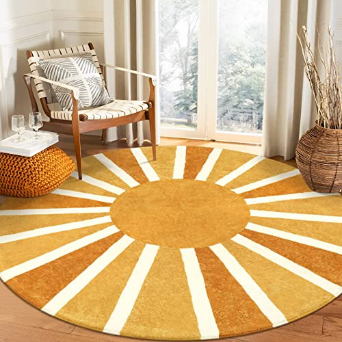 Lahome Runde Teppiche 2,4 m für Wohnzimmer, Weicher Rutschfester Ultraflacher Boho Runder Esszimmer Teppich, Niedlicher Regenbogen-Sonnen-Druck Teppich für Schlafzimmer Kinderzimmer Kinderzimmer
