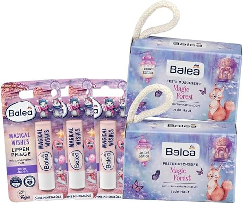 Balea 5er-Set Hautpflege: Lippenpflegestift MAGICAL WISHES Lippenpflege mit Sheabutter & Bio-Kokosöl (3 x 4,8 g) + Feste Duschseife MAGIC FOREST Duschpflege mit märchenhaftem Duft (2 x 100 g), 214,4 g