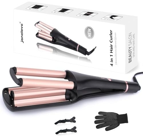 [19/25/28/32mm] Welleneisen für Haare - janelove 4-in-1 Lockenstab für Beach waves/Natürlich Wellen/Wasserwellen/Mermaid Waves, 160°C bis 210°C Kreppeisen für die haare mit Handschuhe und Clips - Gold