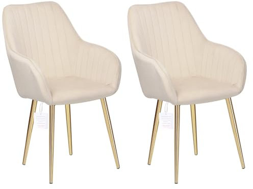 HYGRAD® Set of 2 Velvet Dining Chairs With Gold Legs - Soft Padded Chairs For Home, Restaurant, Cafe, Office (Cream)