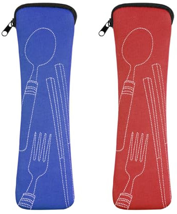 Vicloon 2 Pezzi Borsa per Posate da Viaggio, Portatile con Chiusura Lampo, in Neoprene, per Viaggi, Campeggio, Scuola, Picnic, 20 x 6 cm (Rosso/Blu Scuro)