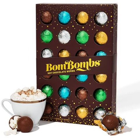 BomBombs – Heiße Schokoladenbomben & Hot Chocolate Geschenkset – Gefüllt mit Marshmallows, Kakaobomben, Fudge Brownie, Karamell, S’Mores, Cookies & Cream und Pfefferminze – 24er Set
