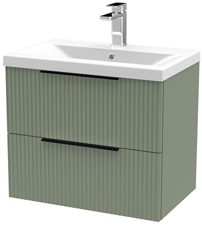 Balterley Vanity Unit with Basin Wall Hung, 2 Drawer Soft Close with Mid Edge Sink and Handles, Bathroom Vanity Units with Basin, Fluted Front Sink Cabinet - 610 x 390 x 540mm (Green)