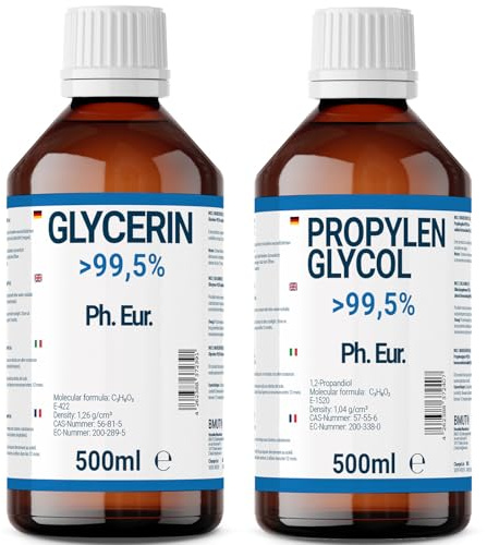 500ml Glycerin + 500ml Propylenglycol Set (500+500ml) in Pharmaqualität | >99,5% Reinheit | E422 + E1520 | Pflanzlich | DIY-Set
