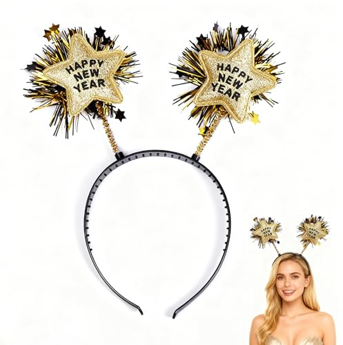 Happy New Year Haarreif, Silvester Party Haarreif, Sternen Stirnband, Neujahr Haarreifen, Glitzer Kopfschmuck Damen für Silvesterfeier, Partyzubehör, Geschenk