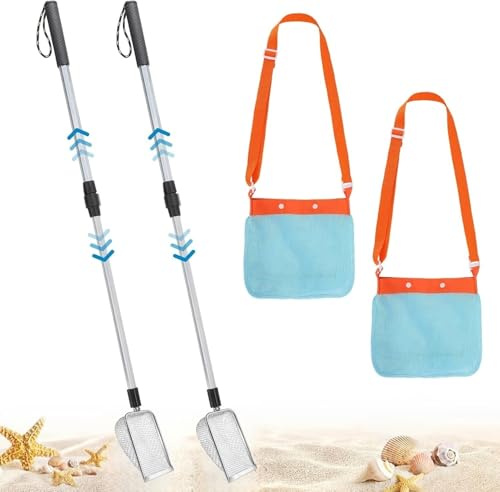 KAHEIGN 2 Pièces Tamis à Sable avec Sacs à Coquillages, 55CM -106CM Tamis à Dents de Requin Réglable Pelle à Filet avec Manche Rétractable pour Ramasser des Coquillages Plage et Recherche de Pierres