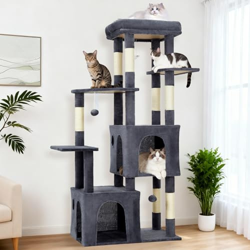 Garvee 61 Multi-Level Cat Tree for Indoor Cats, Heavy-Duty Tower for Large Adult & Maine Coon Cats with Extra-Large Perch, 2 Spacious Condos, Natural Sisal Scratch Posts & Play Toys – Dark Grey