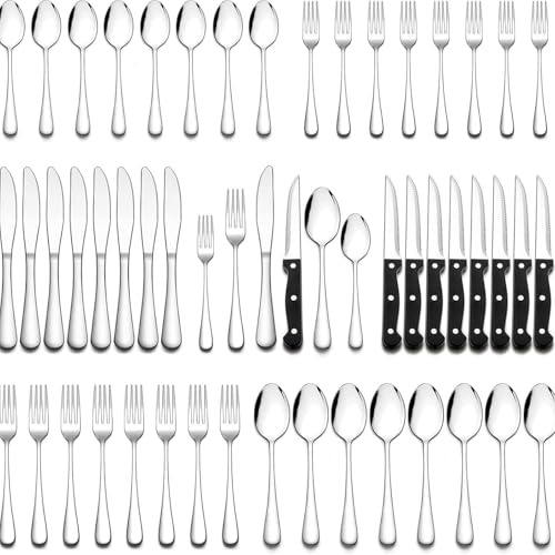 48 teiliges Edelstahl Besteckset mit Steakmesser,Besteck Set 8 Personen, Hochwertiges Messer Gabel Löffel für Familie/Party/Hotel,Elegantes Essbesteck Set Hochglanzpoliert & Spülmaschinenfest