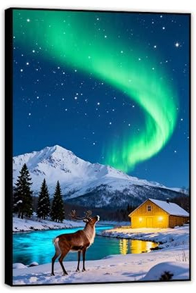 Hau3sh3a Nordlicht Leinwandbilder atemberaubende Polarlichter über schneebedeckten Bergen Bilder Leinwand Wohnzimmer Wanddekoration Deko Natur Polarlicht Winter105x70cm(41x28in) Schwarzer Rahmen